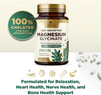 Magnesium Glycinate 250Mg per Serving - 100% Chelated Magnesium Supplement - High Absorption Mag Glycinate Supports Sleep, Heart Health, Bone, & Muscles - Gluten Free, Vegan, USA Bottled - 120 Tablets