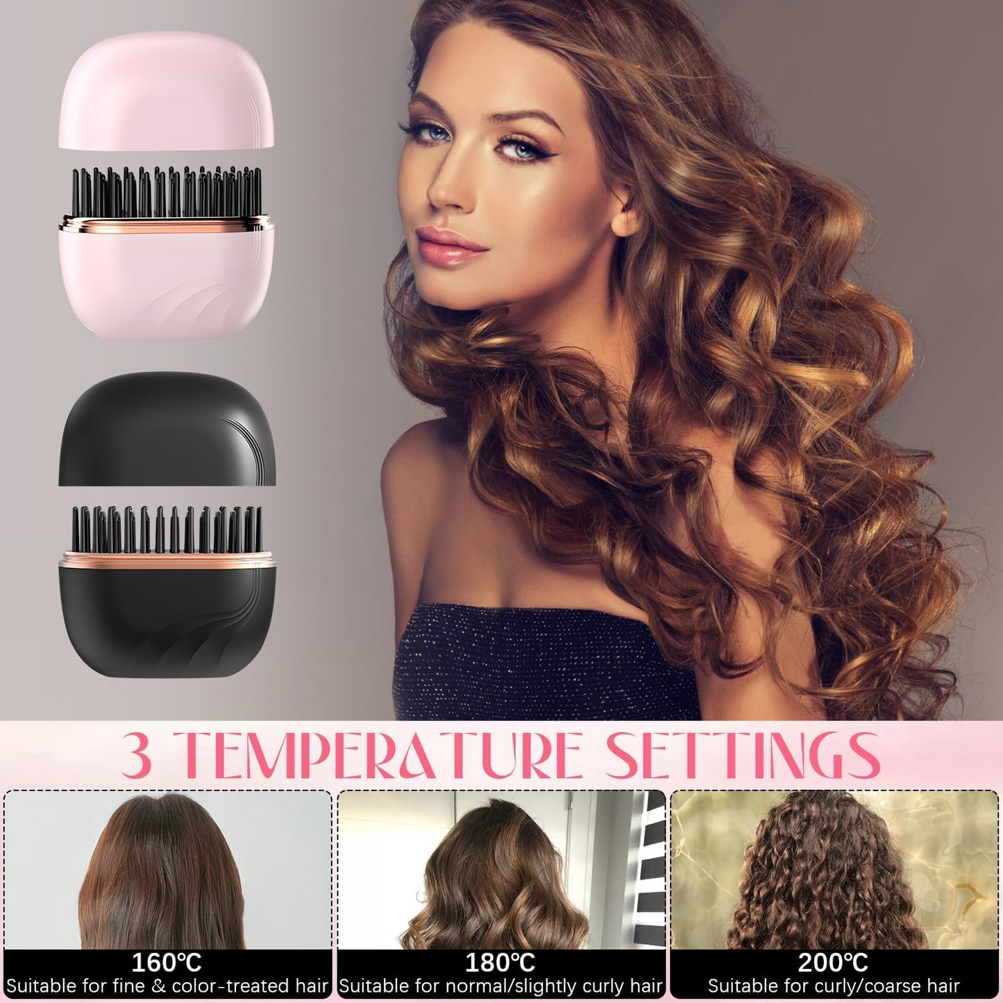 Mini Hair Straightener, Cordless&Rechargeable Portable Hair Straightener Brush with 3 Temperature Setting, Fast Heating Hot Comb&Anti-Scald Shell Plates,Mini Straightener Brush for Home Travel Gift