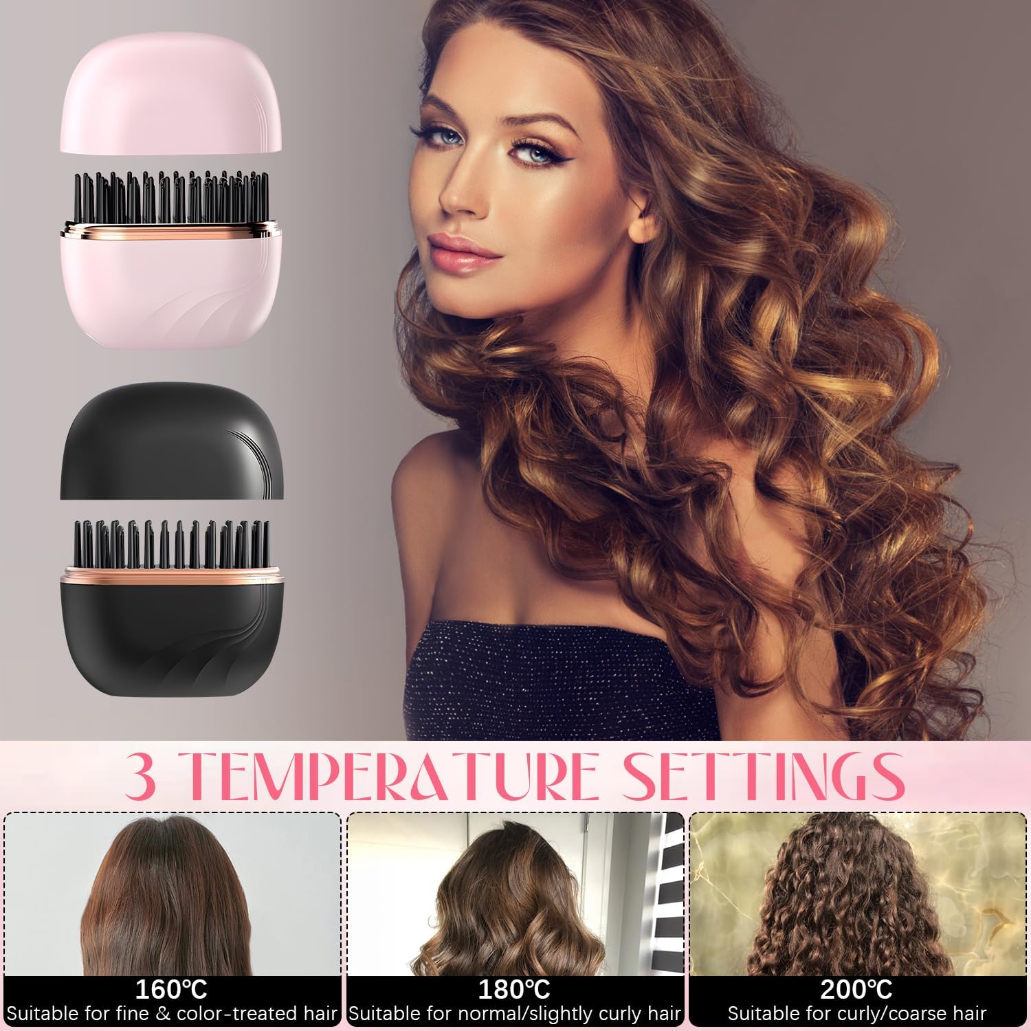 Mini Hair Straightener, Cordless&Rechargeable Portable Hair Straightener Brush with 3 Temperature Setting, Fast Heating Hot Comb&Anti-Scald Shell Plates,Mini Straightener Brush for Home Travel Gift
