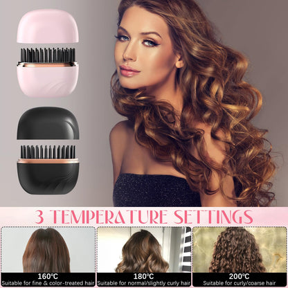 Mini Hair Straightener, Cordless&Rechargeable Portable Hair Straightener Brush with 3 Temperature Setting, Fast Heating Hot Comb&Anti-Scald Shell Plates,Mini Straightener Brush for Home Travel Gift