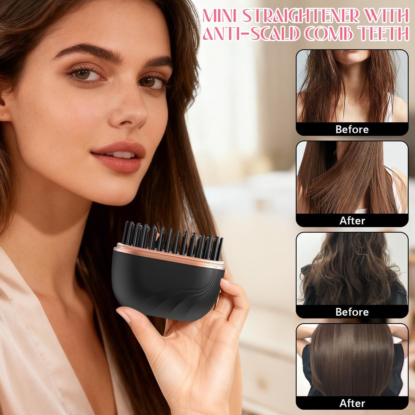 Mini Hair Straightener, Cordless&Rechargeable Portable Hair Straightener Brush with 3 Temperature Setting, Fast Heating Hot Comb&Anti-Scald Shell Plates,Mini Straightener Brush for Home Travel Gift