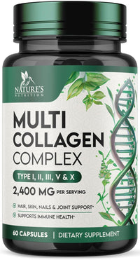 Multi Collagen Pills - Hydrolyzed Collagen Peptides Capsules for Women & Men - Types I, II, III, V, X Multi Collagen Complex - Hair, Skin & Nails Support Supplement - Bottled in the USA - 60 Capsules