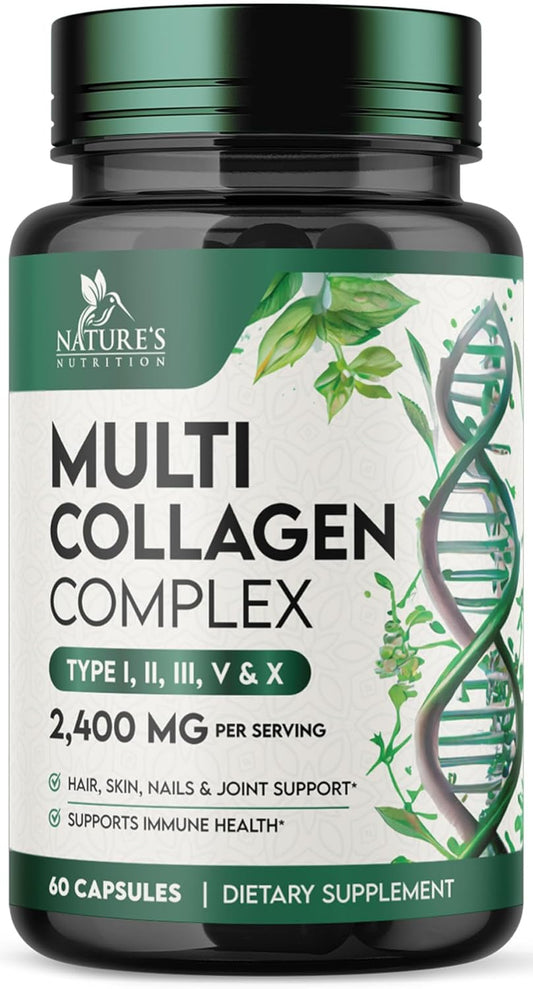 Multi Collagen Pills - Hydrolyzed Collagen Peptides Capsules for Women & Men - Types I, II, III, V, X Multi Collagen Complex - Hair, Skin & Nails Support Supplement - Bottled in the USA - 60 Capsules